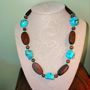 Turquoise Necklace / Wood Beads Adjustable Length 17 to 20"